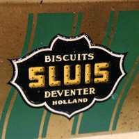 grøn guld stribet gammel metal dåse Sluis biscuits fra Deventer Holland genbrug kagedåse